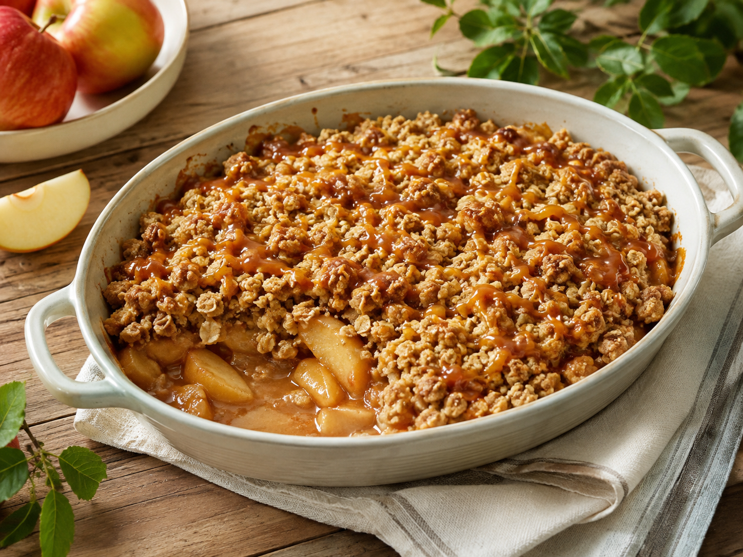 Caramel apple crisp with tender apples and a golden topping