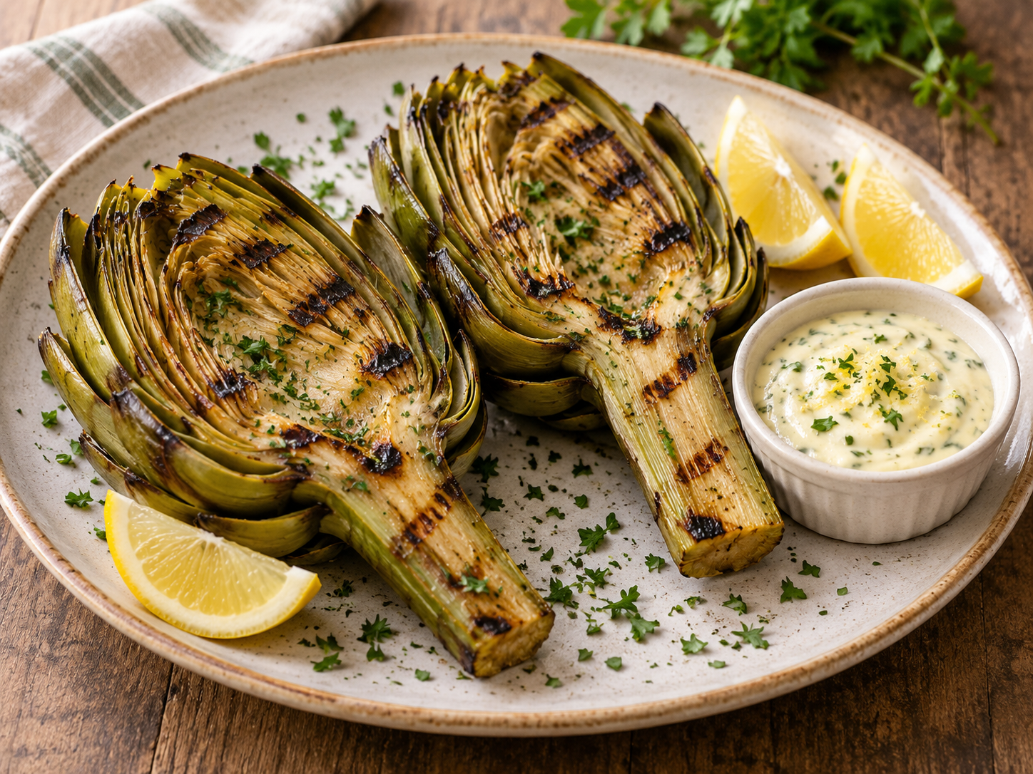 Grilled artichoke halves with dark grill marks, lemon wedges and lemon herb aioli
