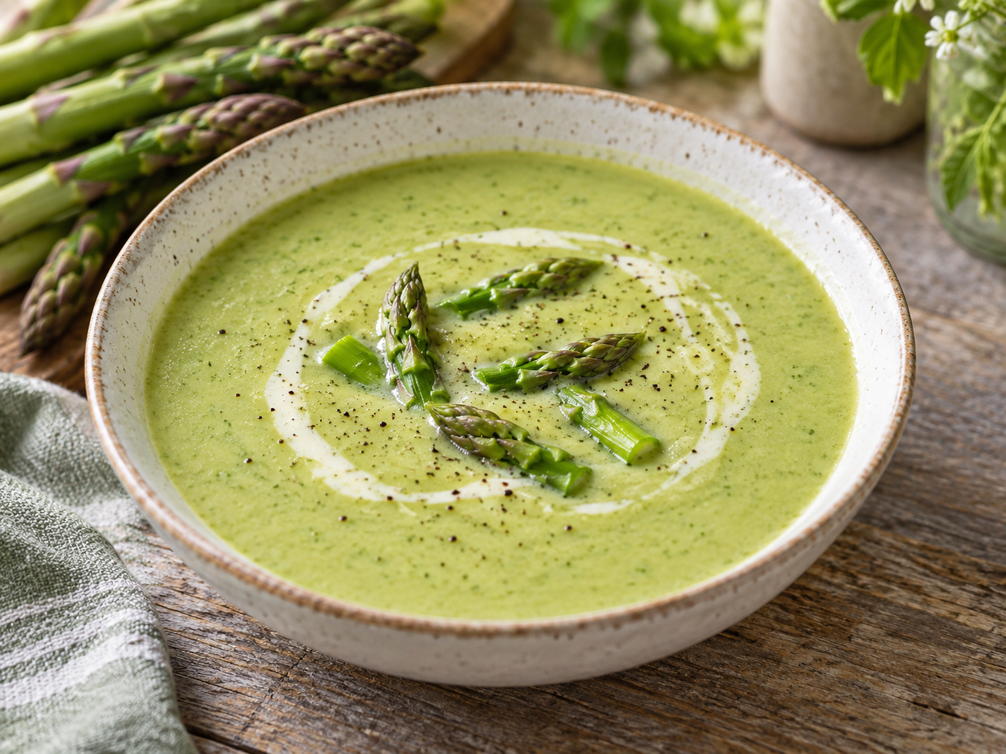 Smooth pale green asparagus soup with tender asparagus tips and a light cream swirl