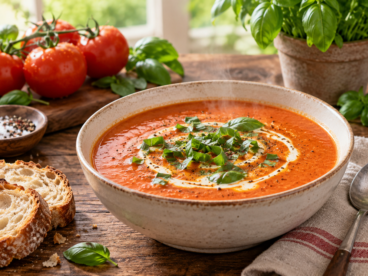 Hot creamy tomato basil soup topped with ribbons of fresh basil and a light cream swirl