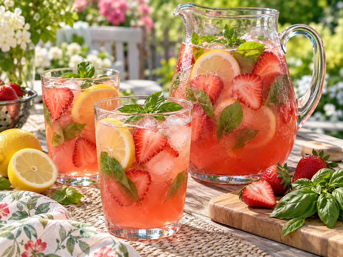 Pink strawberry basil lemonade in a clear pitcher with sliced strawberries and fresh basil leaves