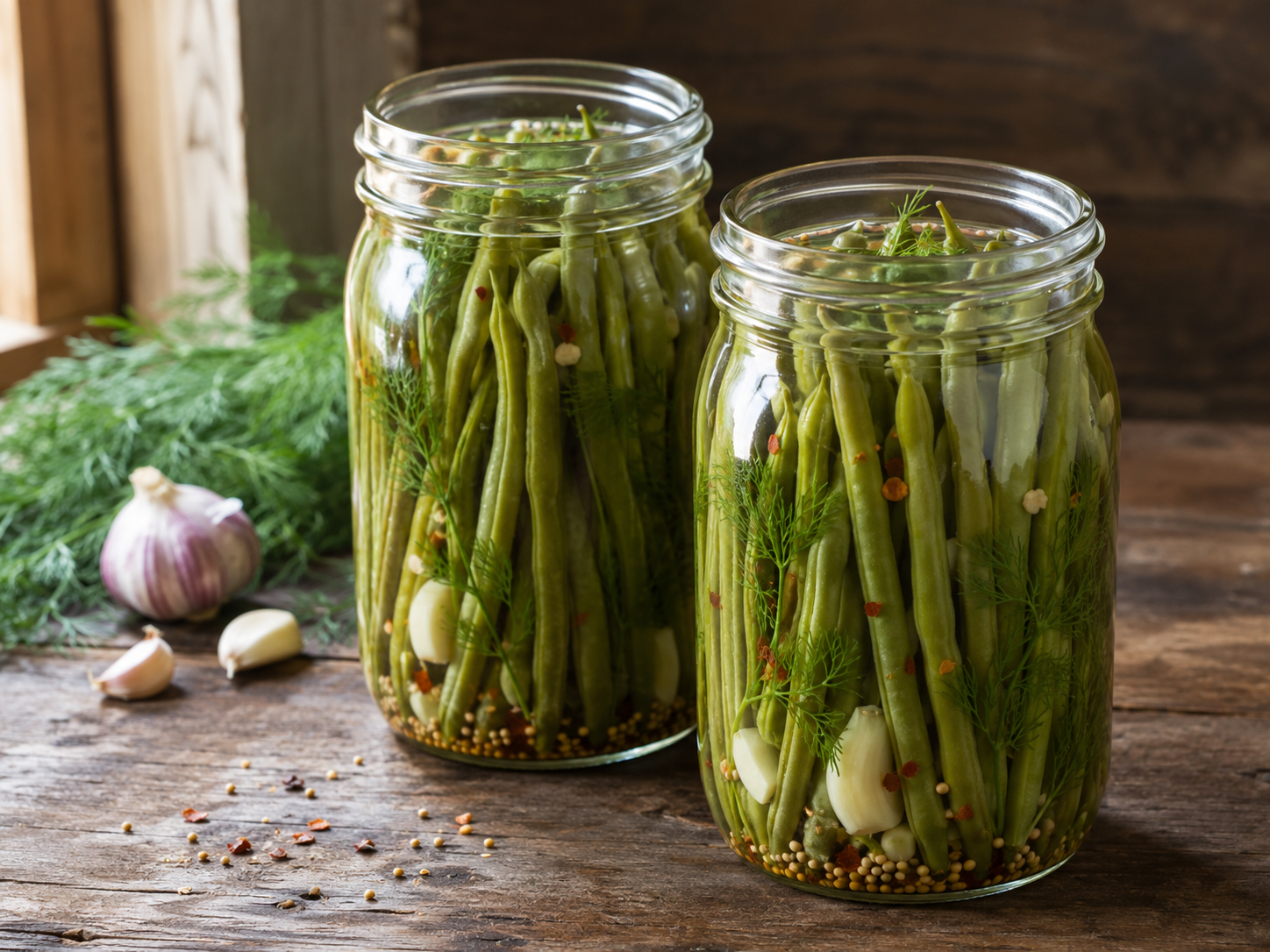 Open jars of quick-pickled green dilly beans with fresh dill, garlic and mustard seeds