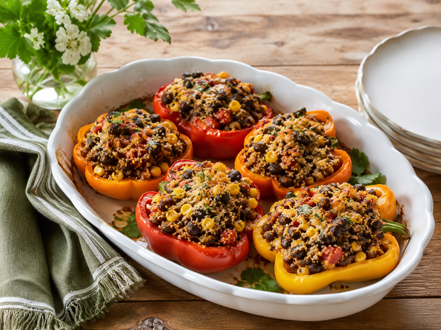 Bell peppers filled with spicy black bean and quinoa stuffing
