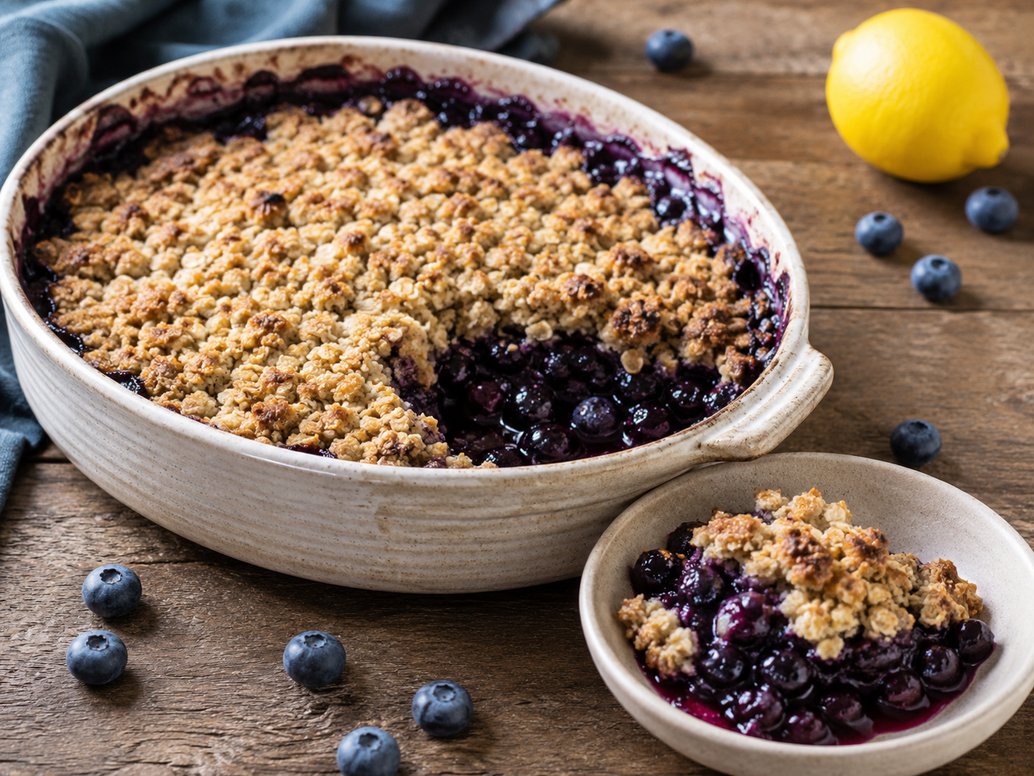 Bubbling Georgia blueberry crisp with golden oat topping and a spooned serving