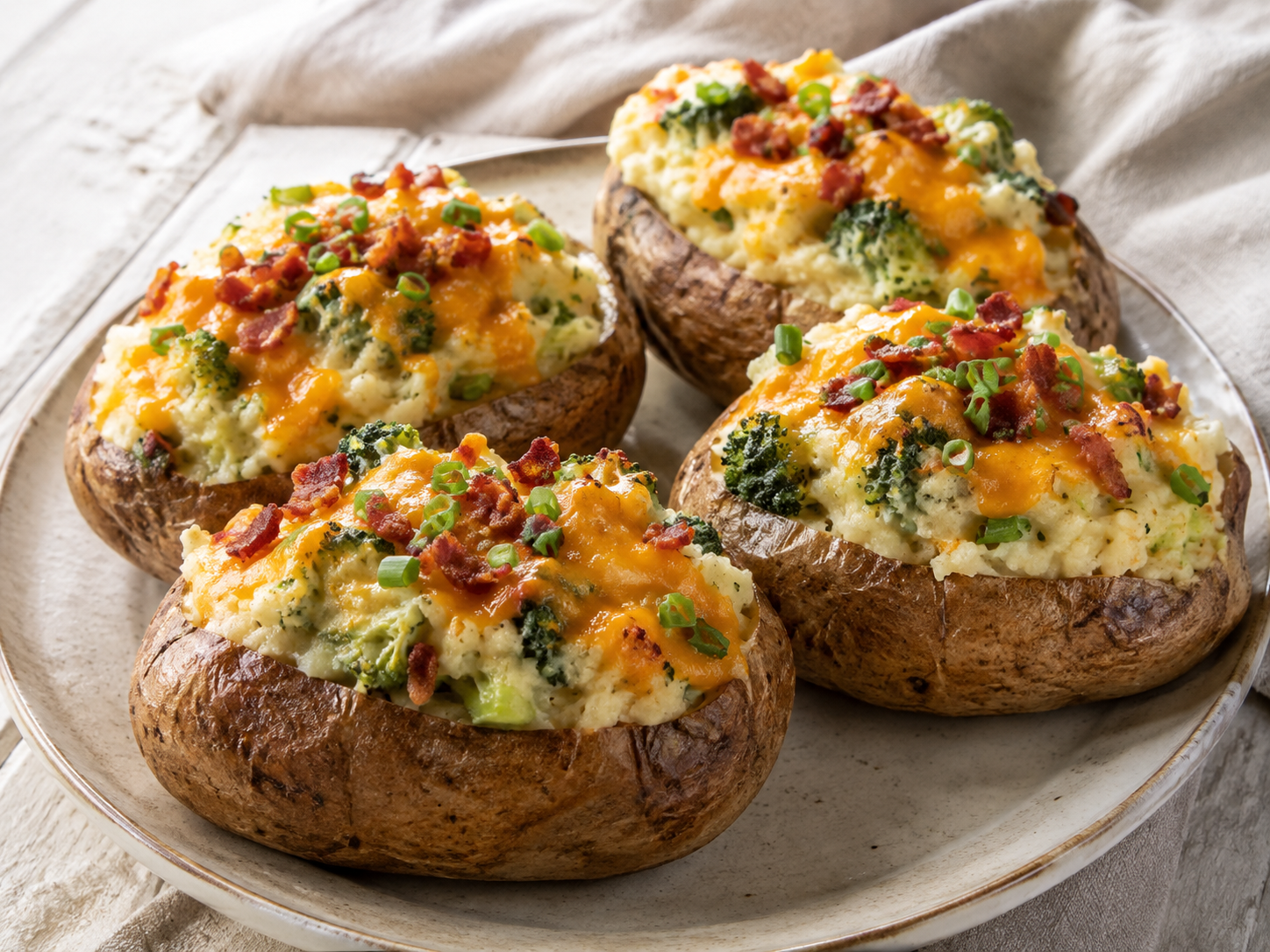 Baked potatoes stuffed with broccoli and melted cheddar