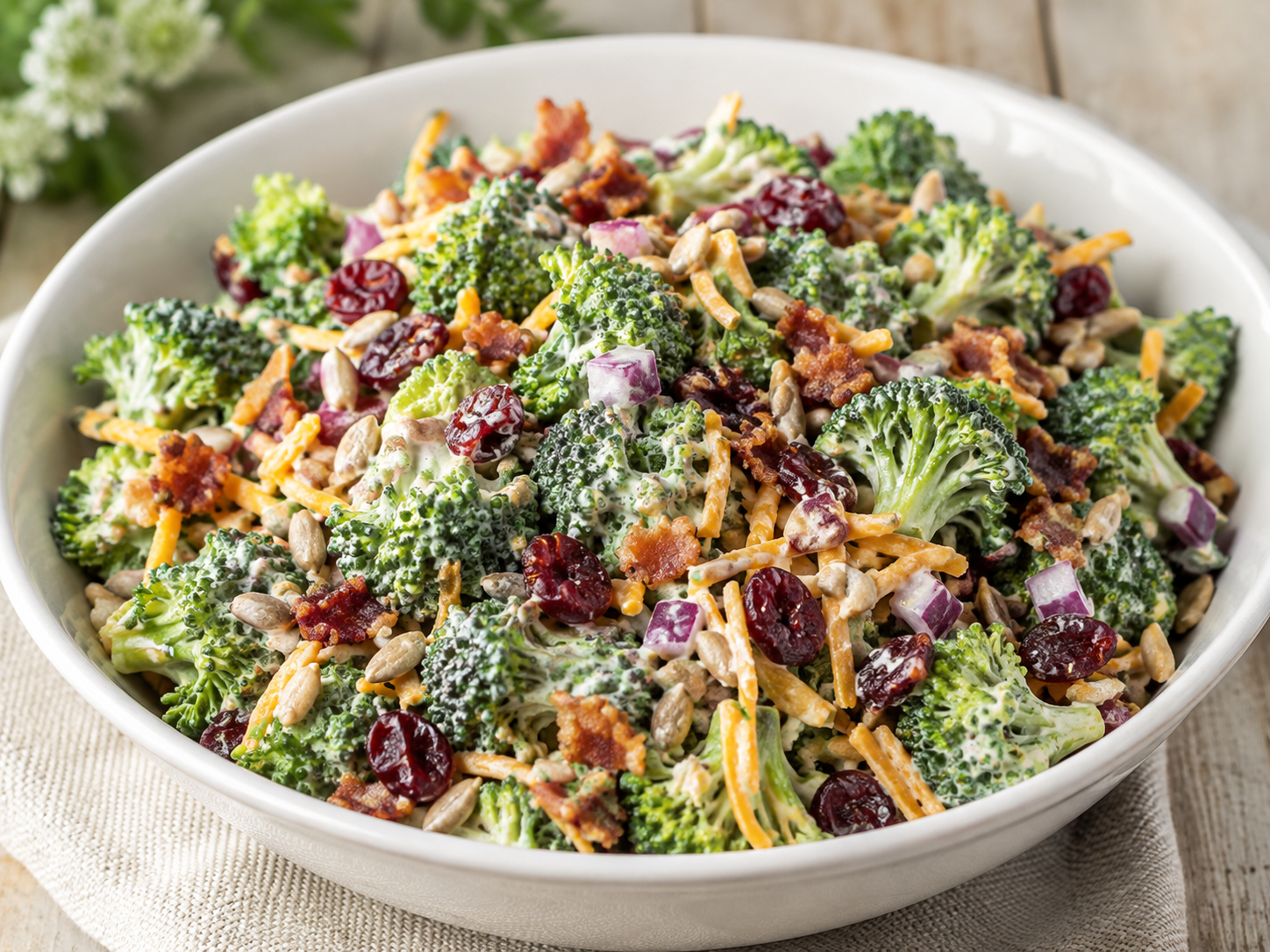 Broccoli salad with cheddar, cranberries, bacon, red onion and sunflower seeds