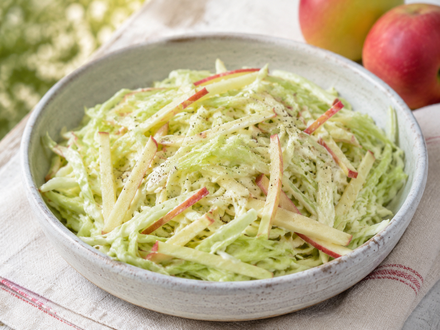 Crisp cabbage and apple slaw in a serving bowl