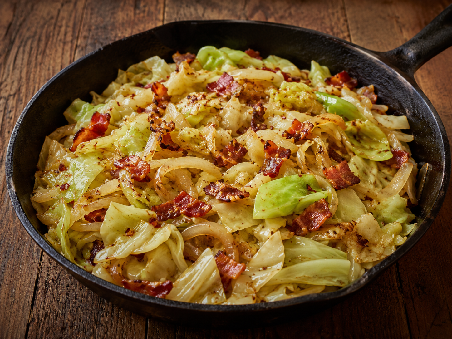 Southern skillet cabbage with browned bacon, onion and flecks of red pepper in a cast-iron pan