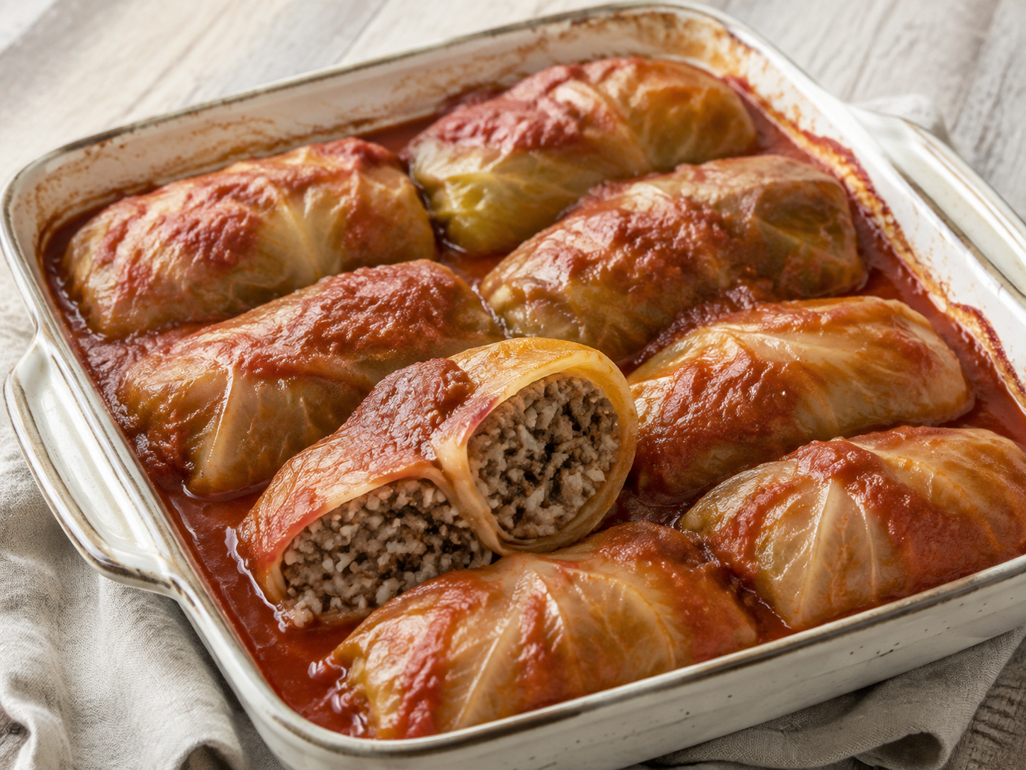 Stuffed cabbage rolls baked in tomato sauce