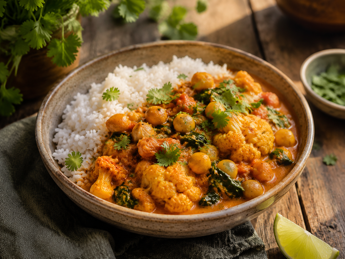 Cauliflower and chickpea curry in tomato coconut sauce served with rice and fresh cilantro
