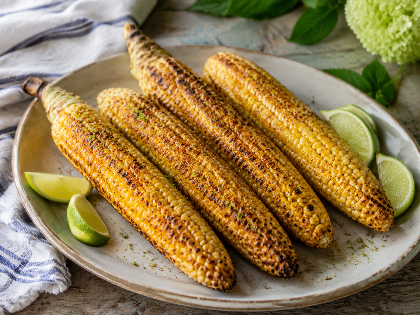 Grilled corn on the cob with chili lime butter and lime wedges
