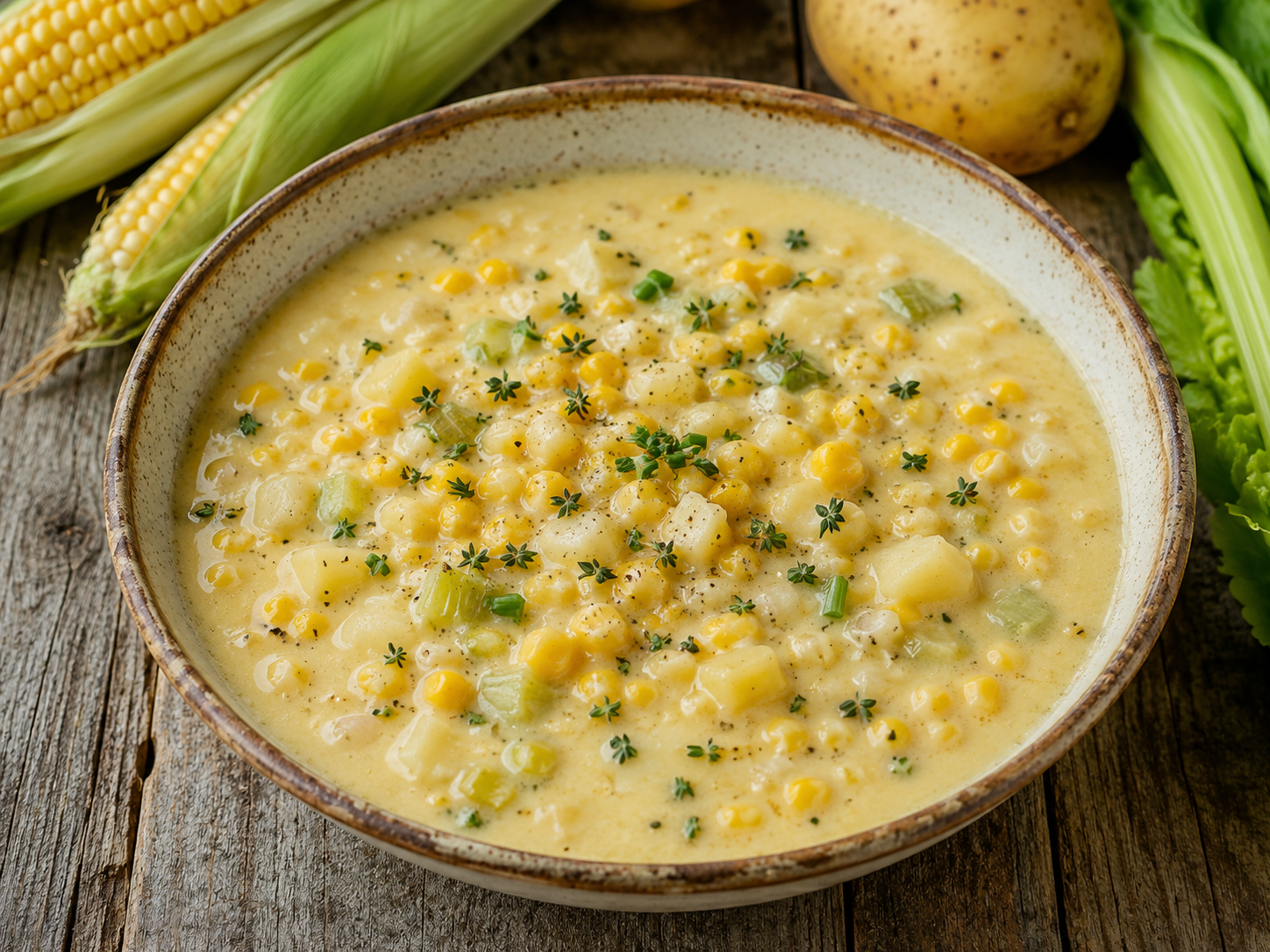 Creamy summer sweet corn chowder with potato, celery, thyme and chives