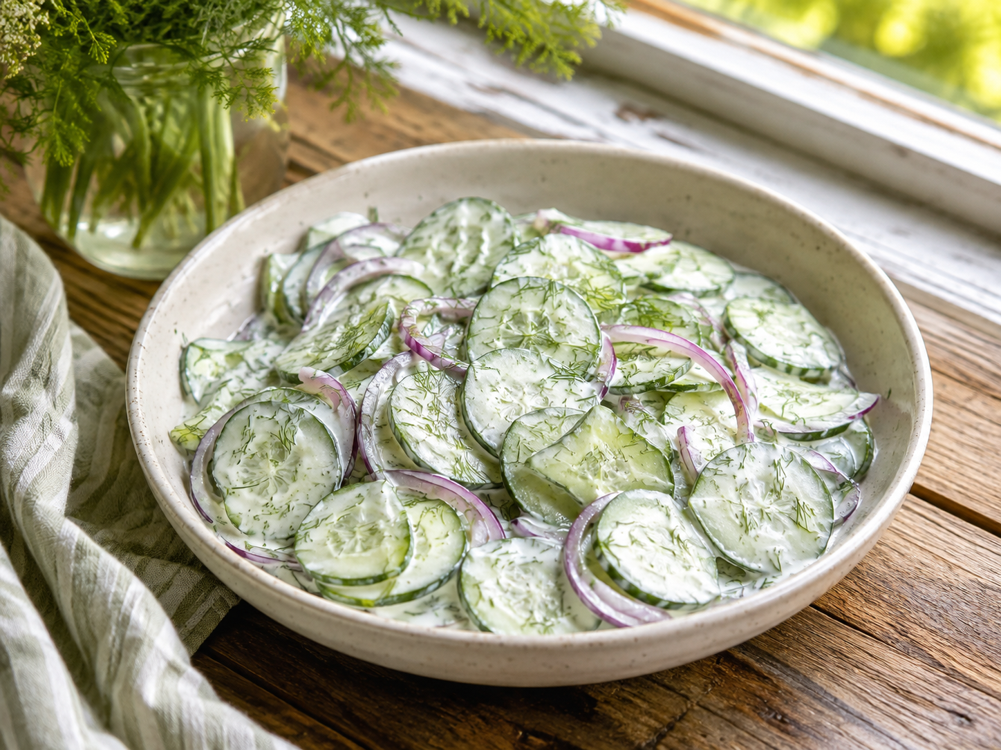 Creamy cucumber salad with dill and red onion