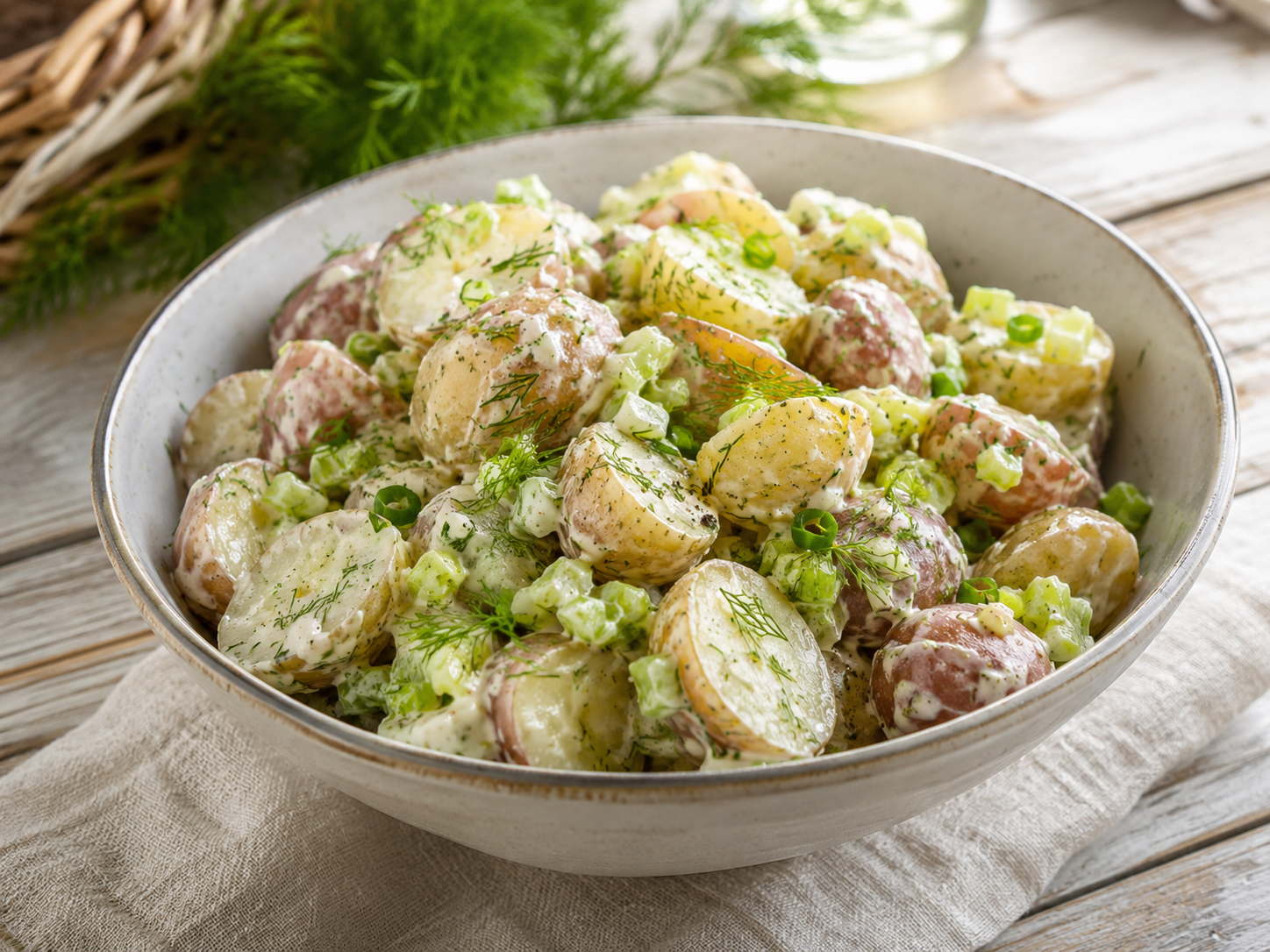 Creamy Dill Potato Salad prepared with garden-fresh dill