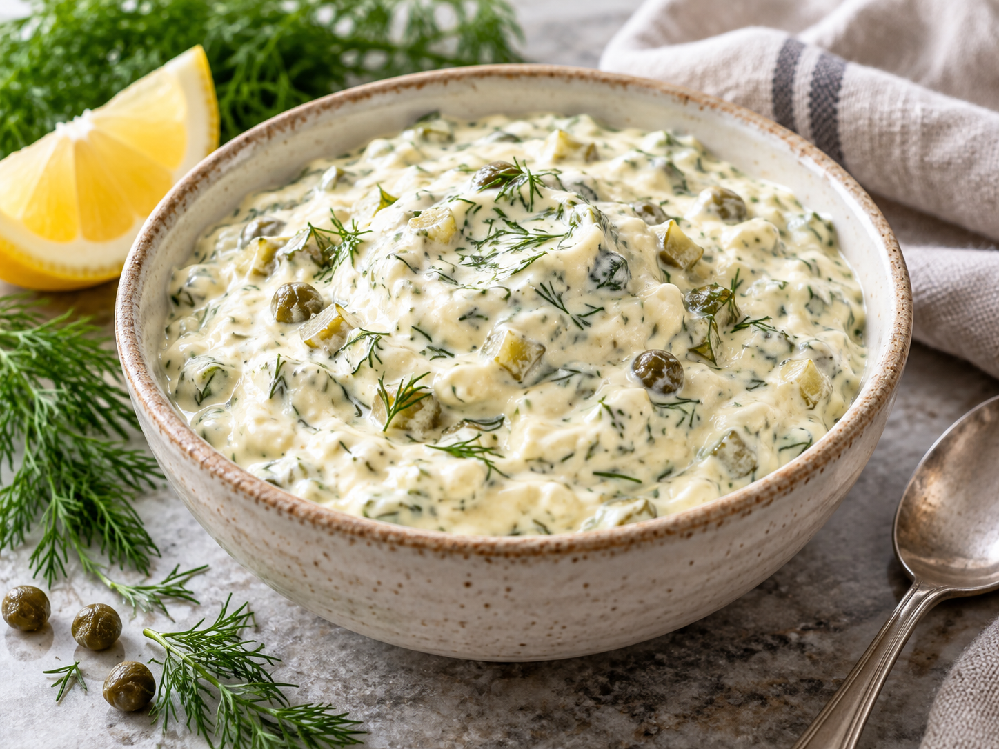 Creamy fresh dill tartar sauce with chopped pickles, capers and lemon