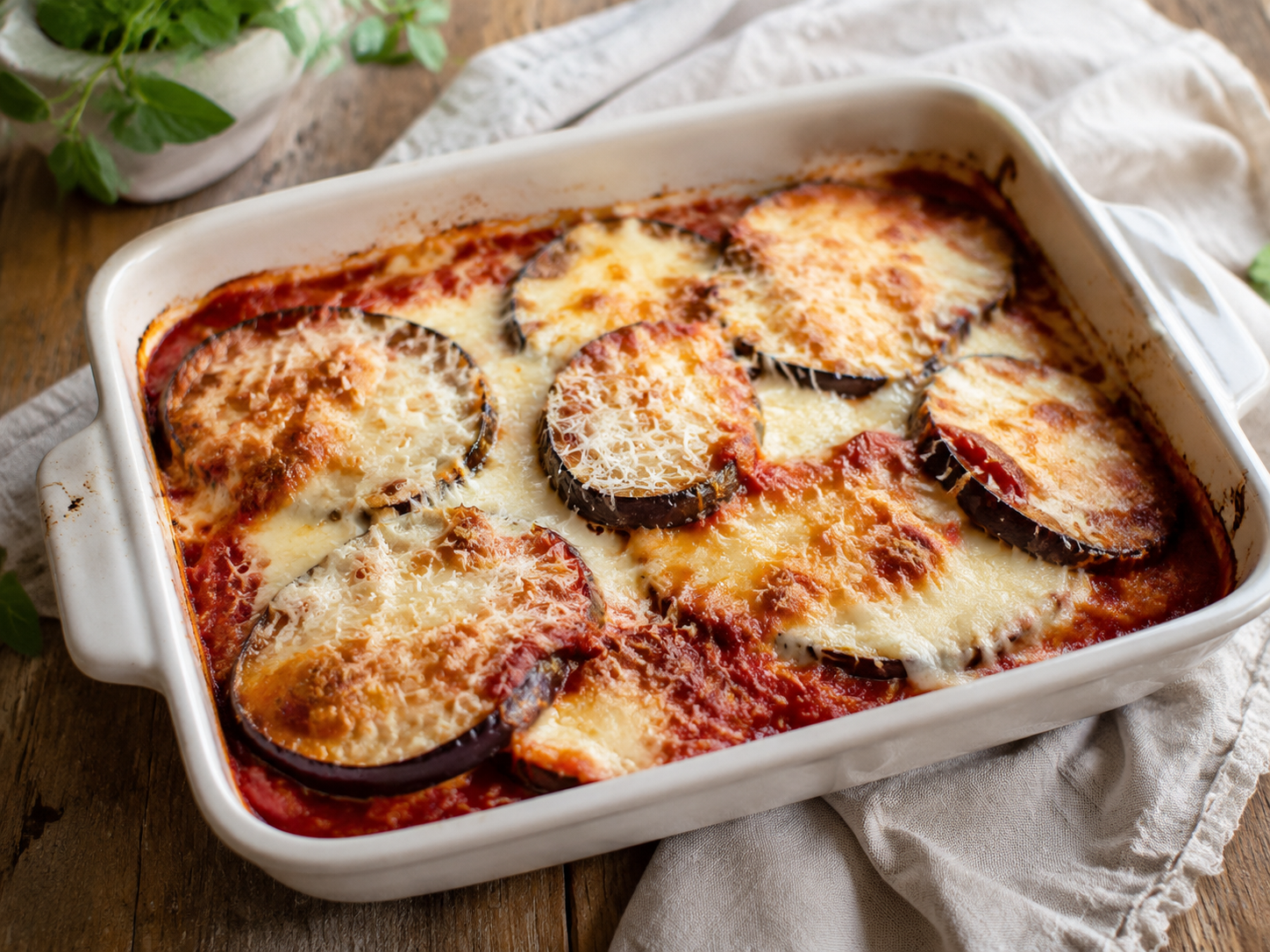 Golden baked eggplant Parmesan with tomato sauce and melted cheese