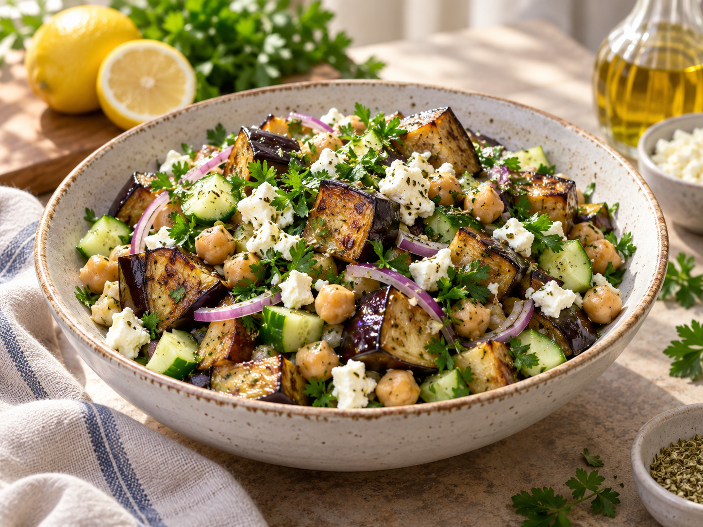 Mediterranean roasted eggplant salad with chickpeas, cucumber, red onion, feta and parsley