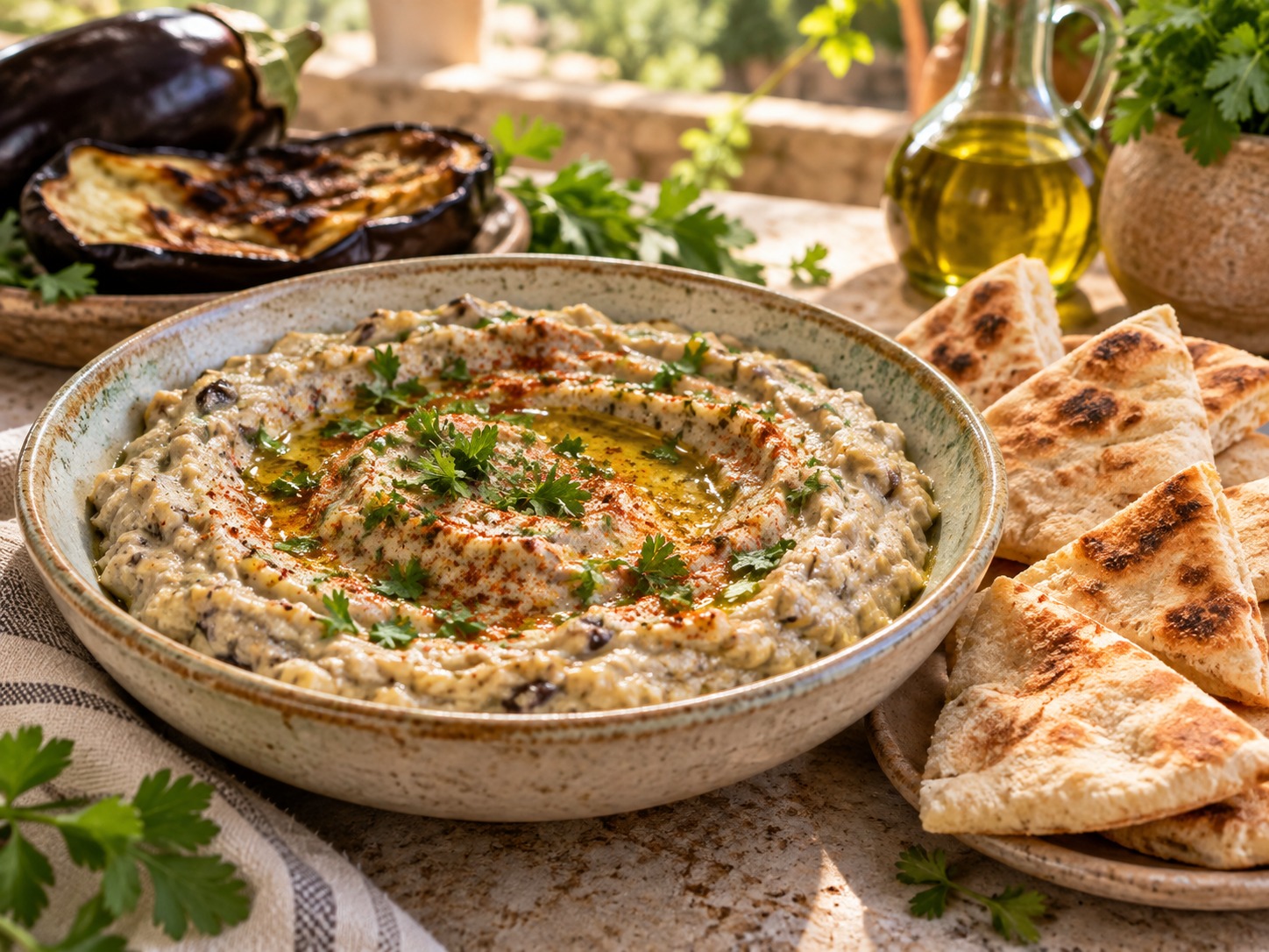Creamy smoky roasted eggplant dip topped with olive oil, parsley and paprika beside warm pita wedges