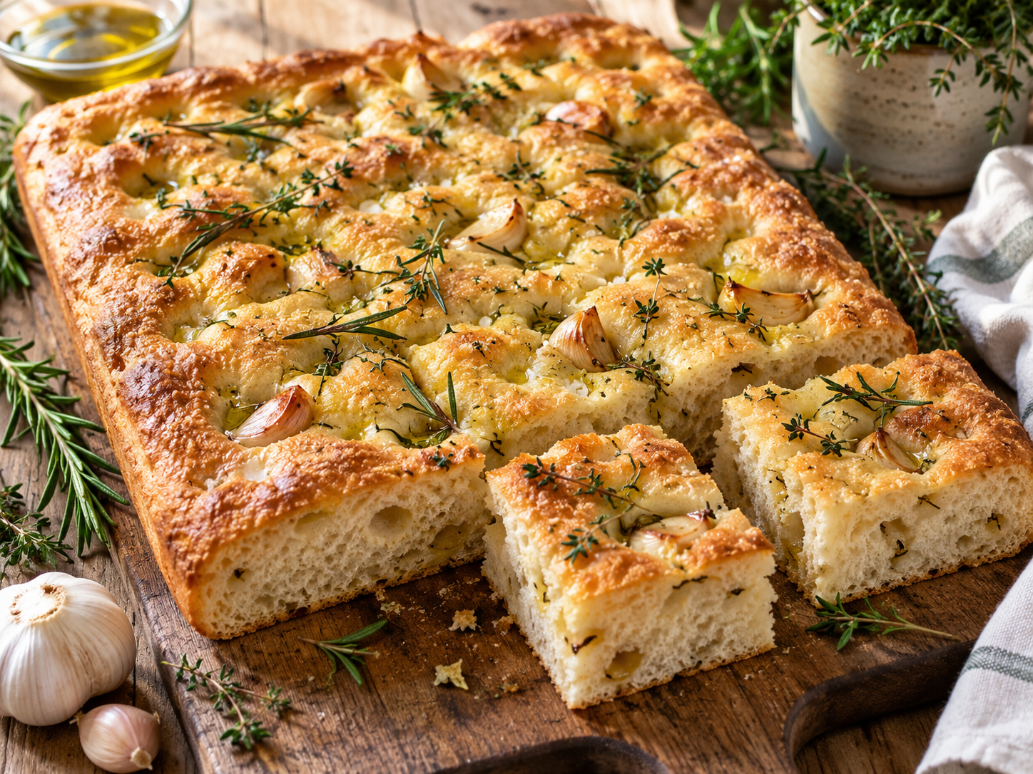 Golden garlic herb focaccia with roasted garlic, rosemary, thyme and crisp olive-oil dimples