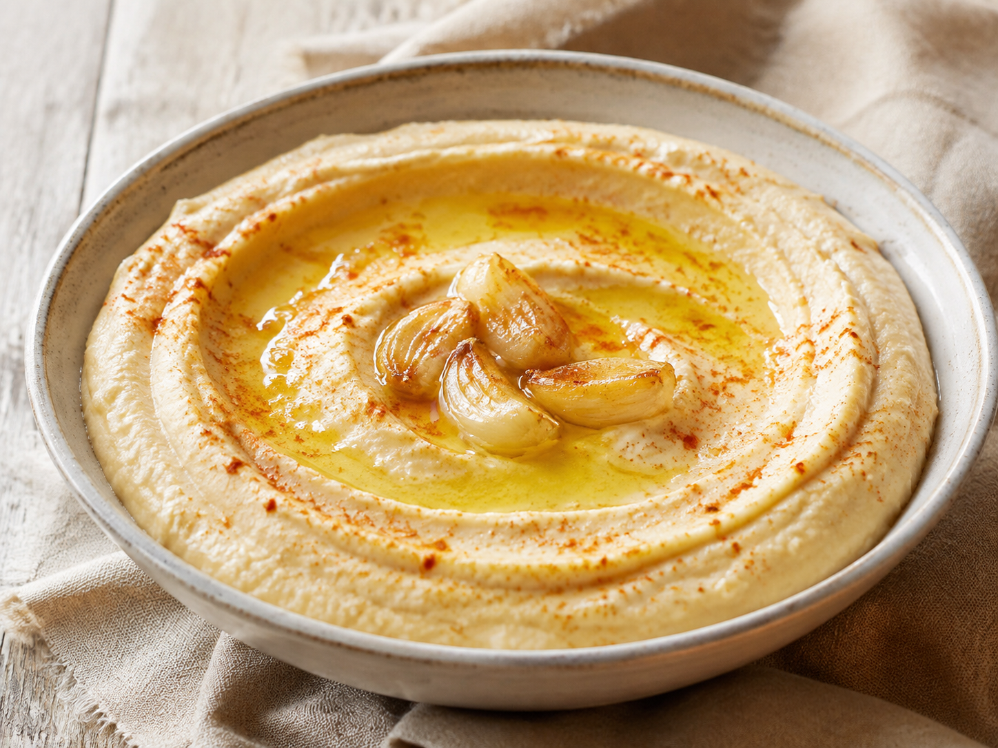 Creamy roasted garlic hummus in a serving bowl