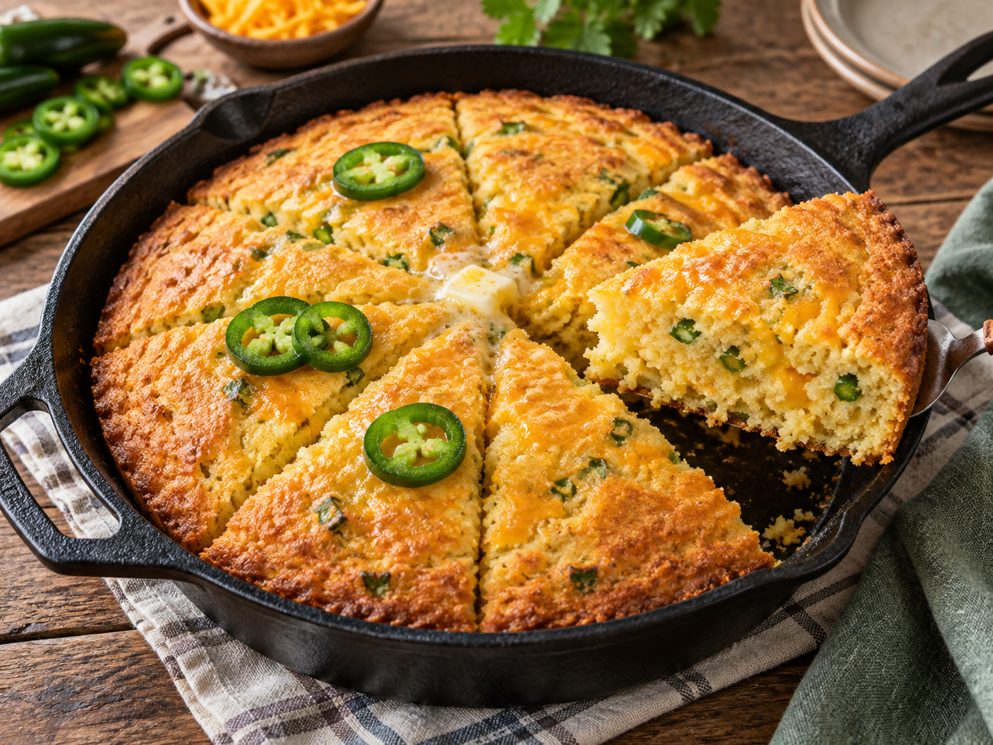 Golden cast-iron jalapeño cheddar cornbread cut into wedges