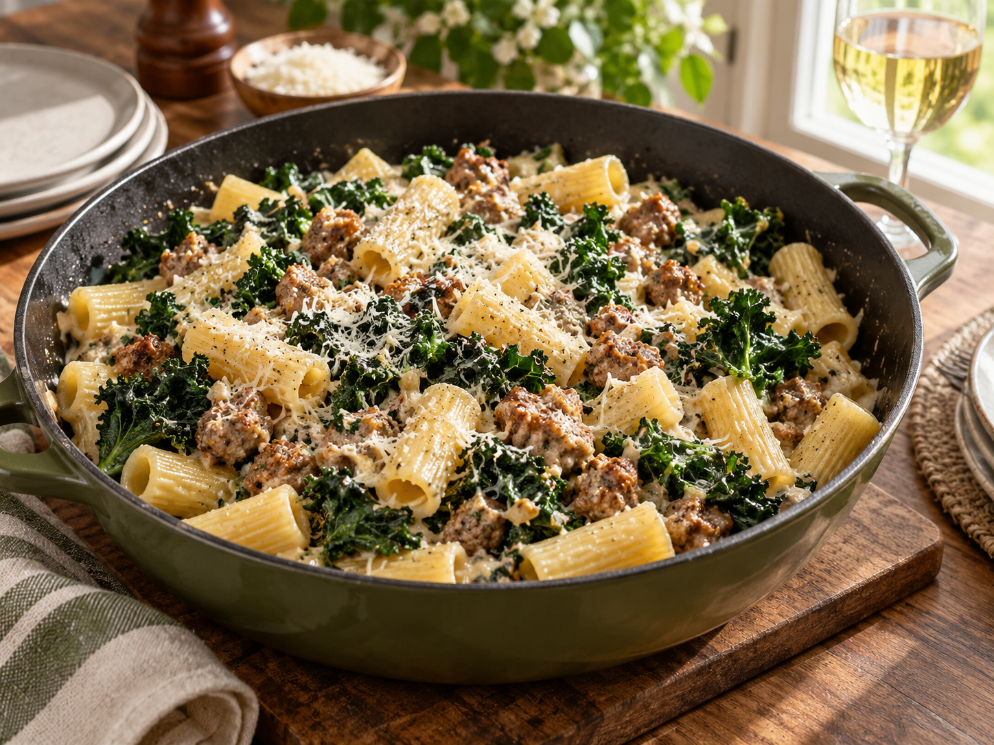 Rigatoni pasta with browned Italian sausage, tender kale and grated Parmesan in a skillet