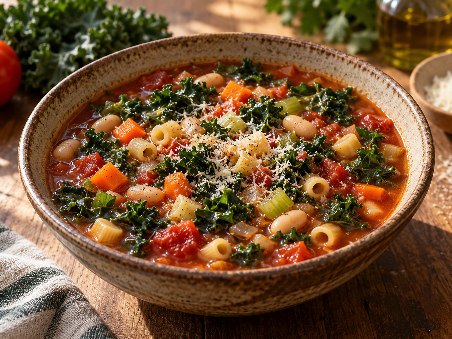 Tomato-based kale and white bean minestrone with vegetables, small pasta and Parmesan