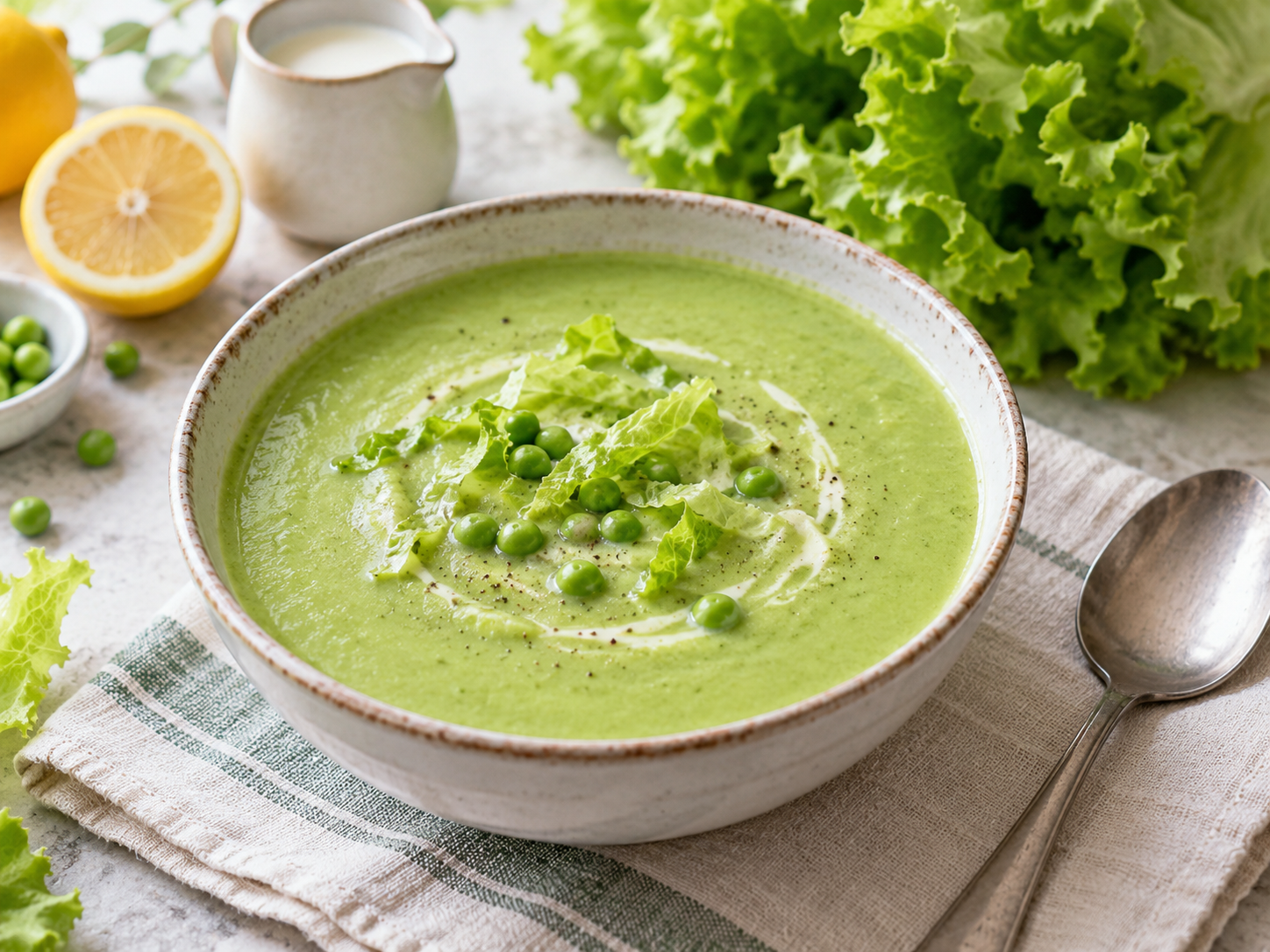 Light green lettuce soup with a few garden peas and fresh lettuce ribbons