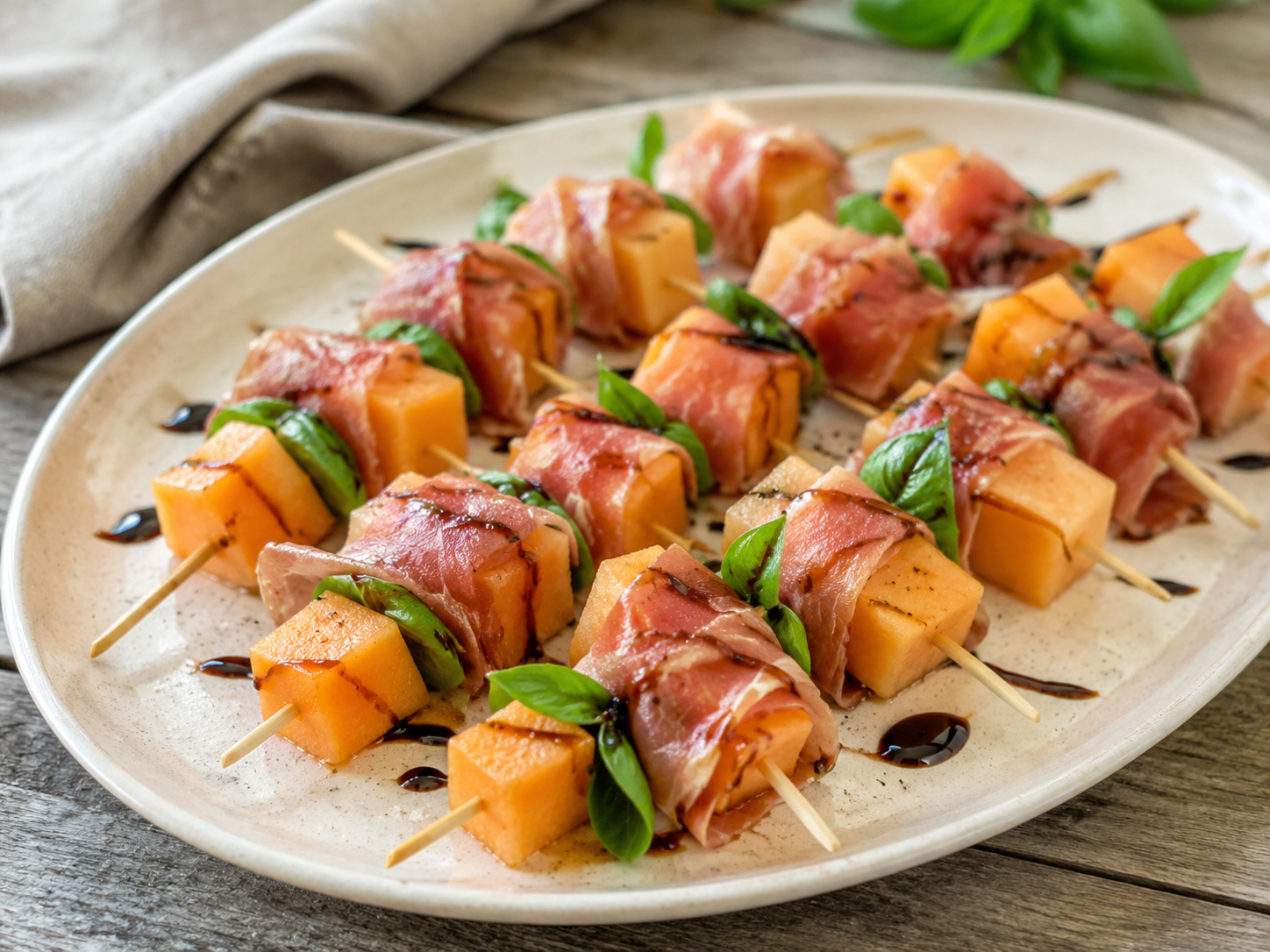 Prosciutto-Wrapped Melon Skewers prepared with garden-fresh melons