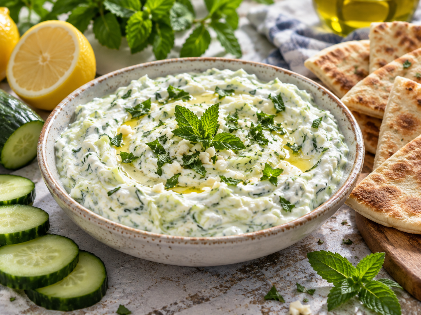 Thick cucumber mint tzatziki topped with chopped mint, cucumber and olive oil beside pita