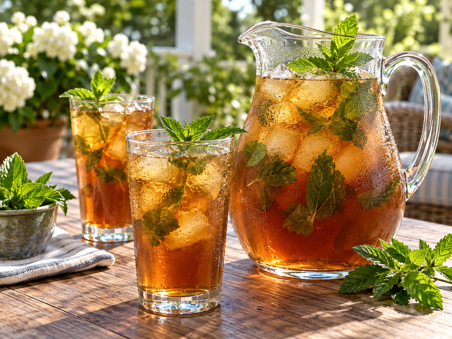 Southern amber sweet tea in a glass pitcher with abundant fresh mint leaves and ice