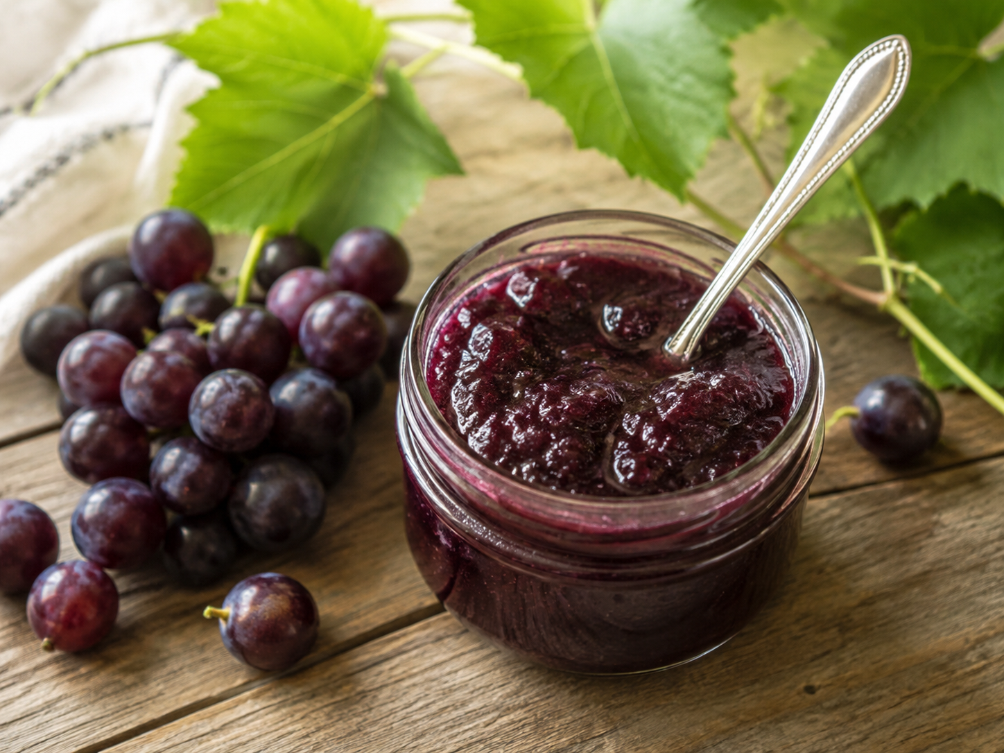Jar of homemade muscadine jam with fresh muscadine grapes