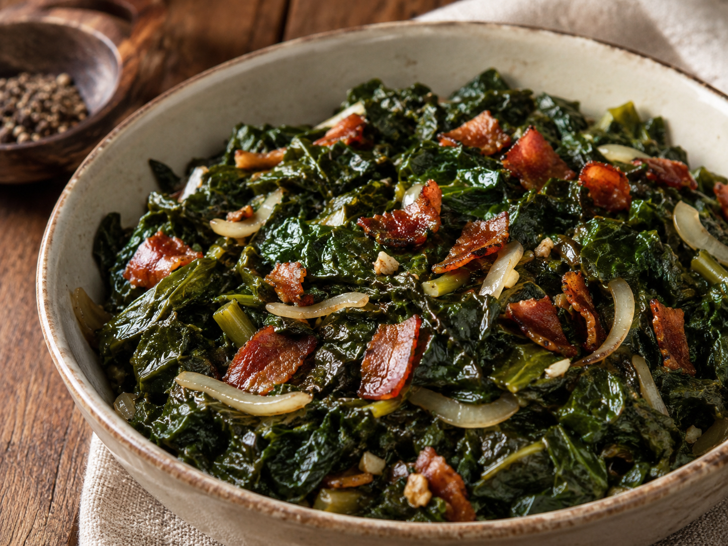Sautéed Mustard Greens with Bacon prepared with garden-fresh mustard greens