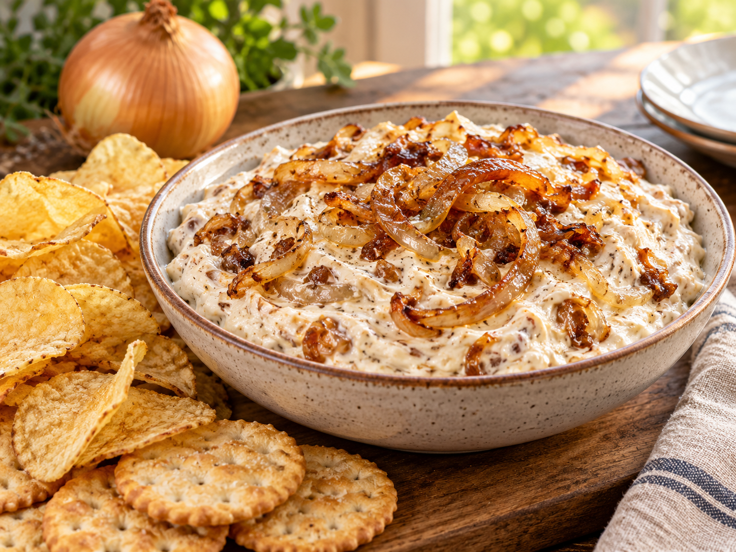 Creamy onion dip topped with deeply caramelized garden onions