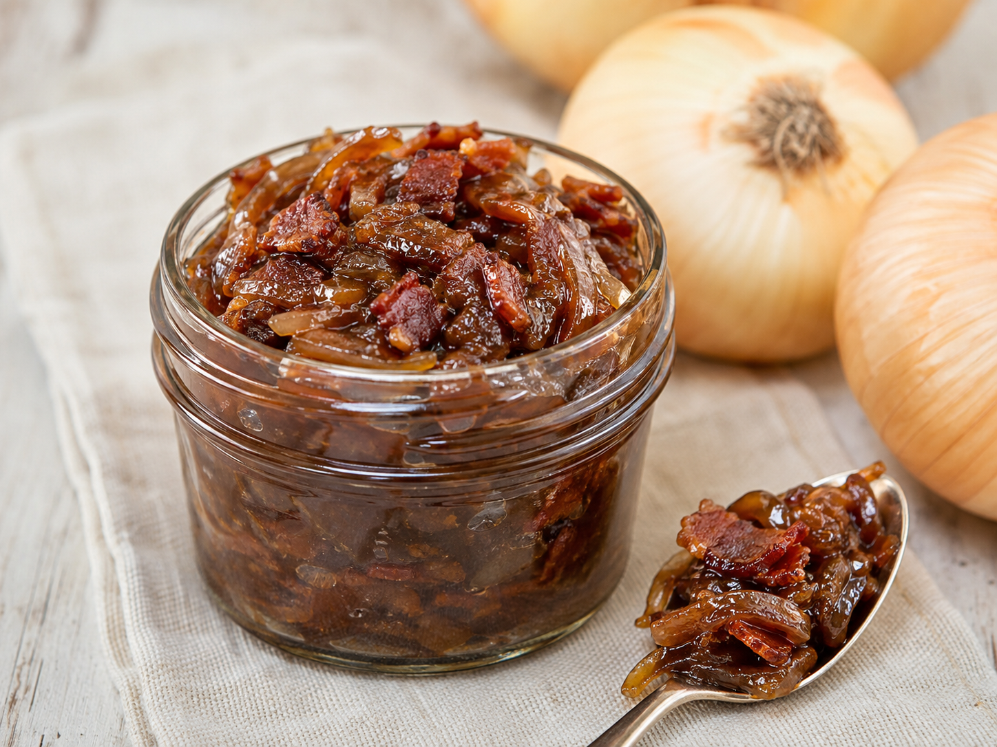 Vidalia onion and bacon jam in a glass serving jar