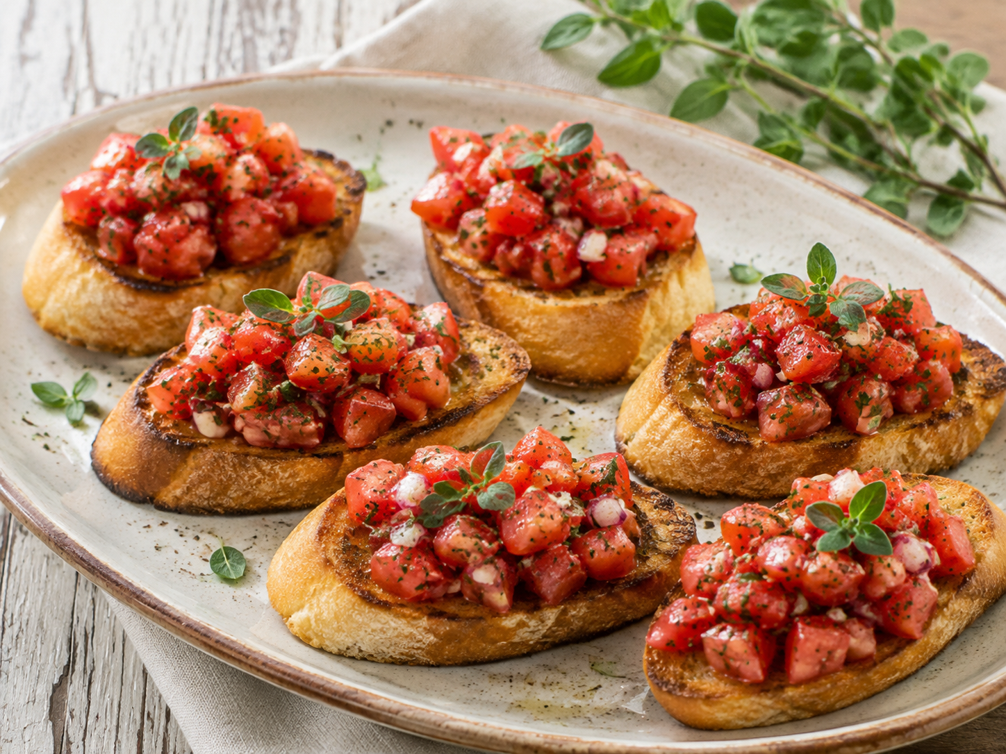 Oregano Tomato Bruschetta prepared with garden-fresh oregano