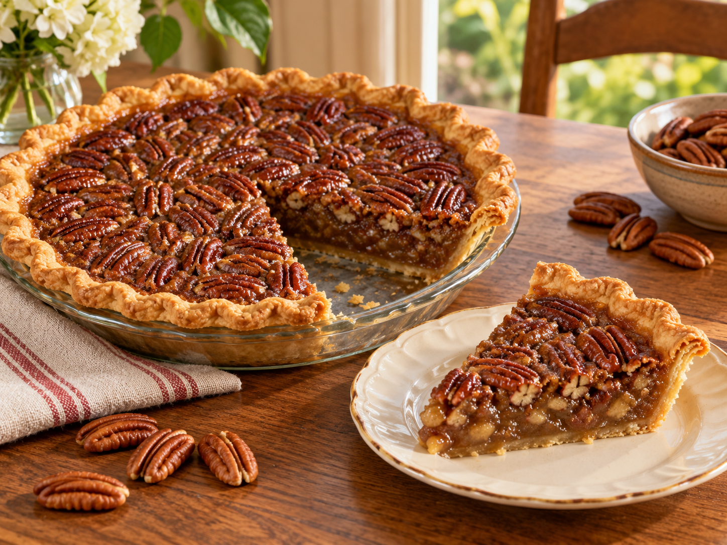 Classic Georgia pecan pie with glossy toasted pecans and a golden crust