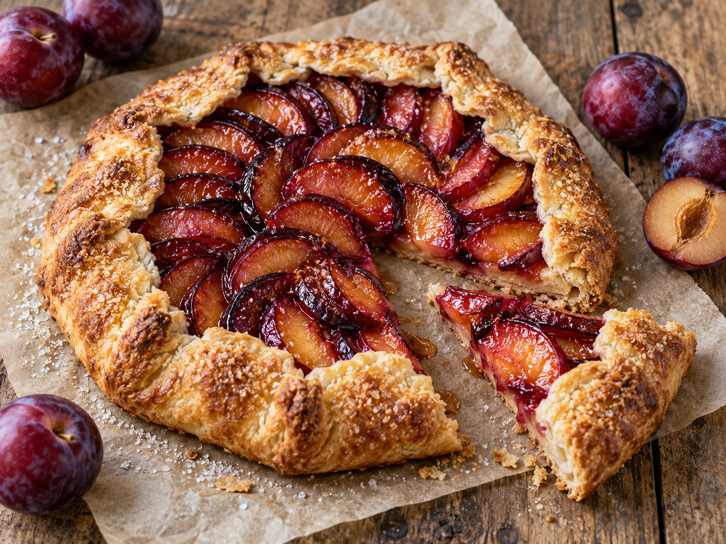 Rustic free-form galette filled with glossy sliced red and purple plums