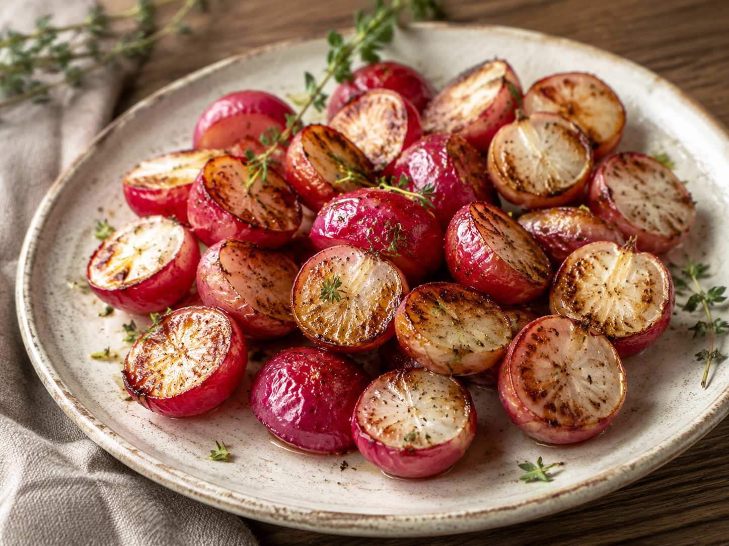 Honey-roasted radishes with browned edges and fresh thyme