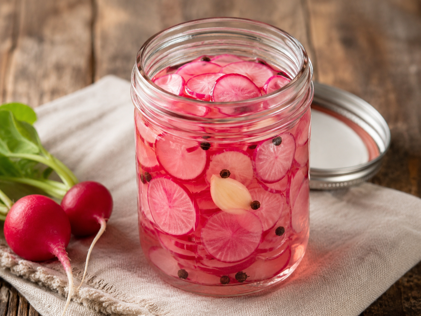 Quick-pickled radish slices in clear brine with garlic and peppercorns