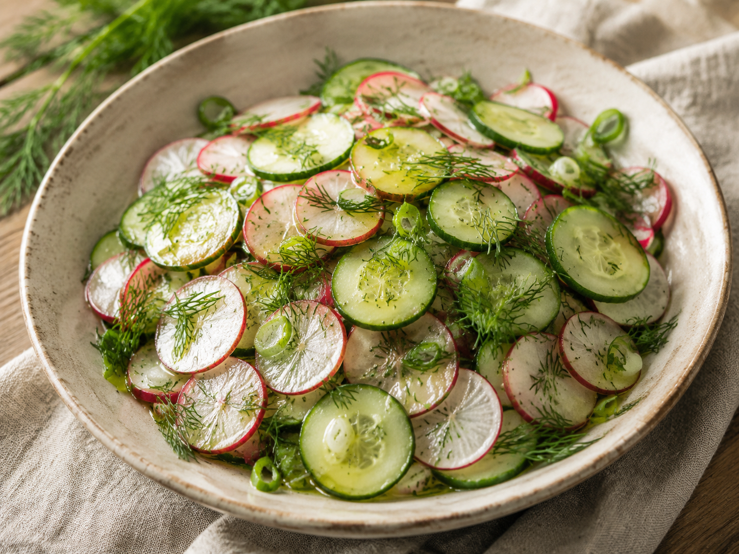 Radish cucumber salad with fresh dill and green onions