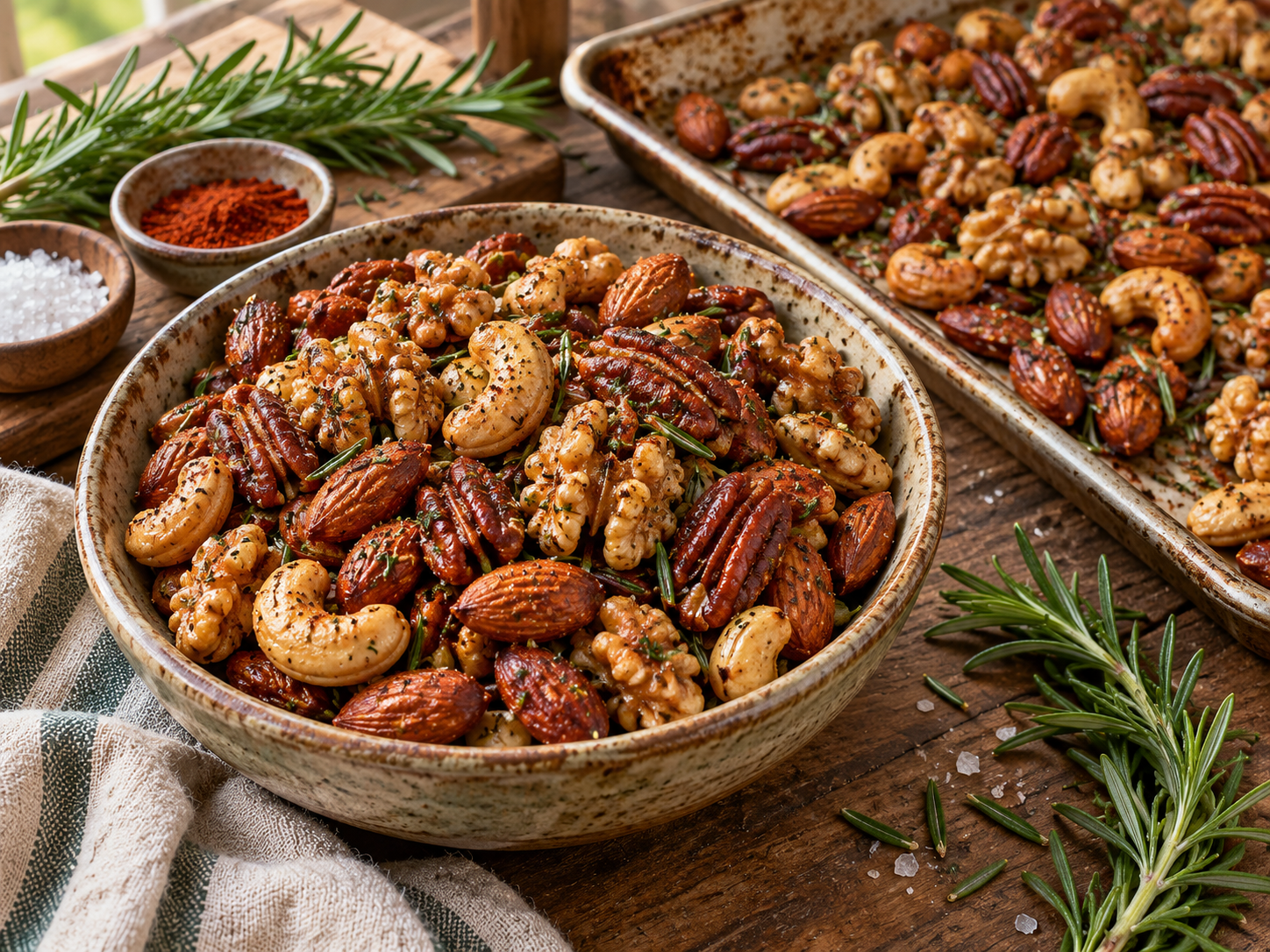 Savory roasted mixed nuts seasoned with fresh rosemary and paprika