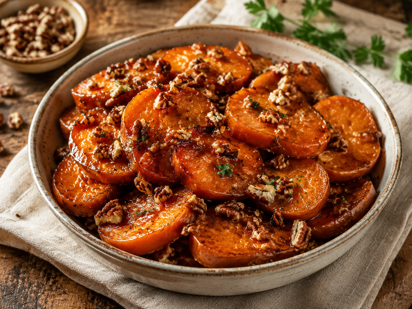 Maple Glazed Sweet Potatoes with Pecans prepared with garden-fresh sweet potatoes