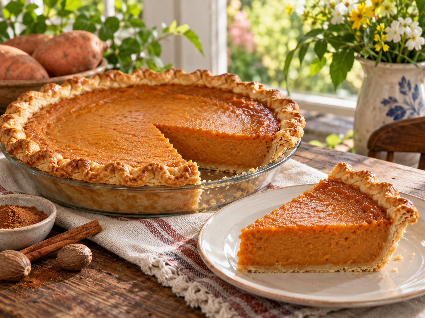 Slice of Southern sweet potato pie with smooth orange filling and a flaky golden crust