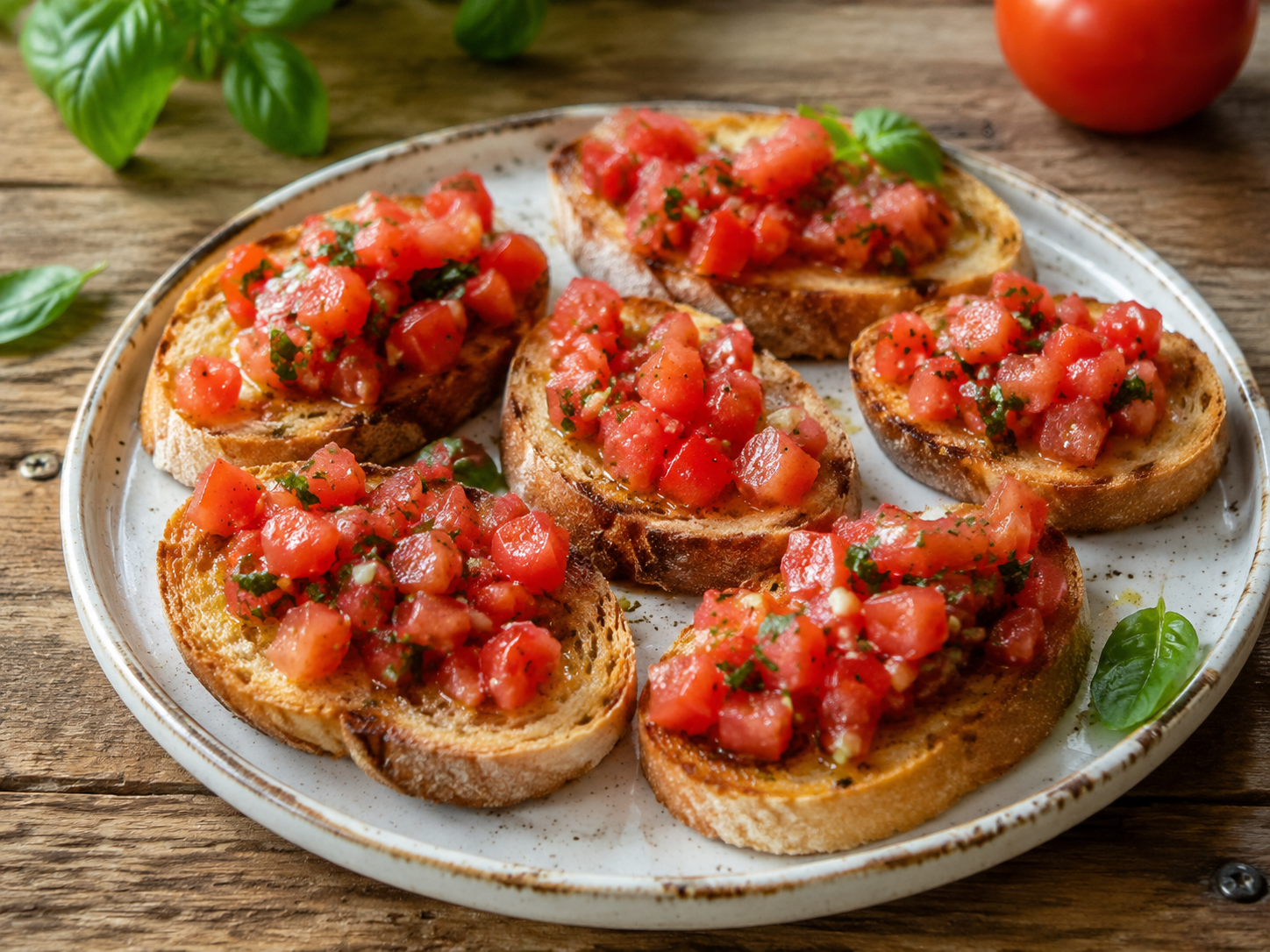 Toasted tomato basil bruschetta on a rustic serving board