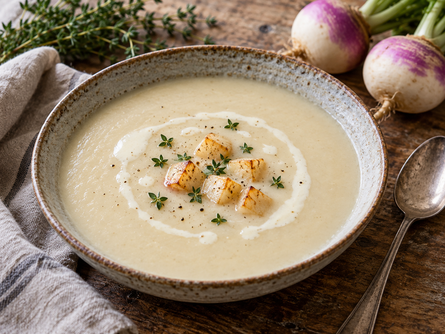 Creamy turnip soup with tender turnip pieces and fresh thyme