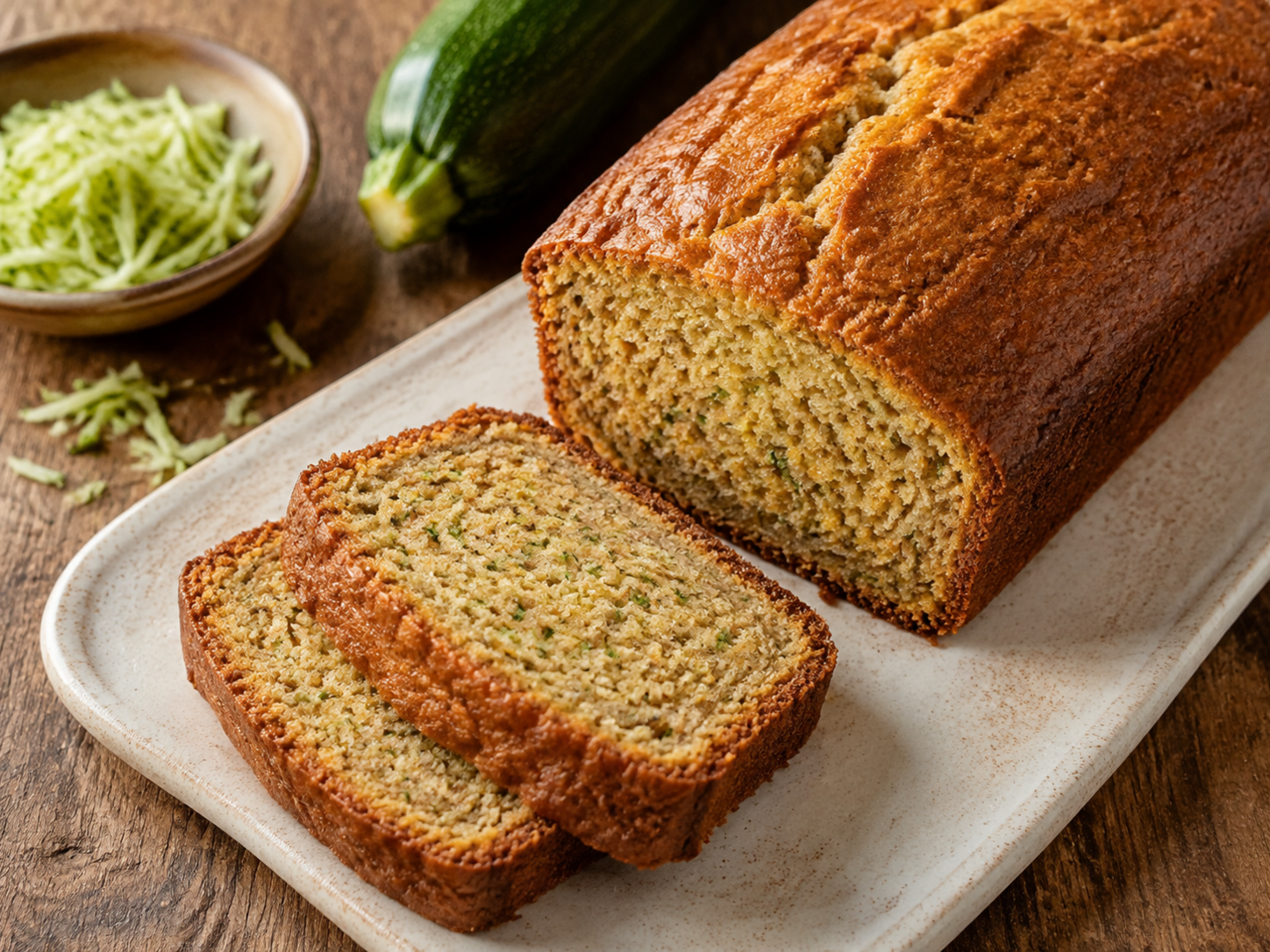 Sliced golden zucchini bread with a moist green-flecked crumb