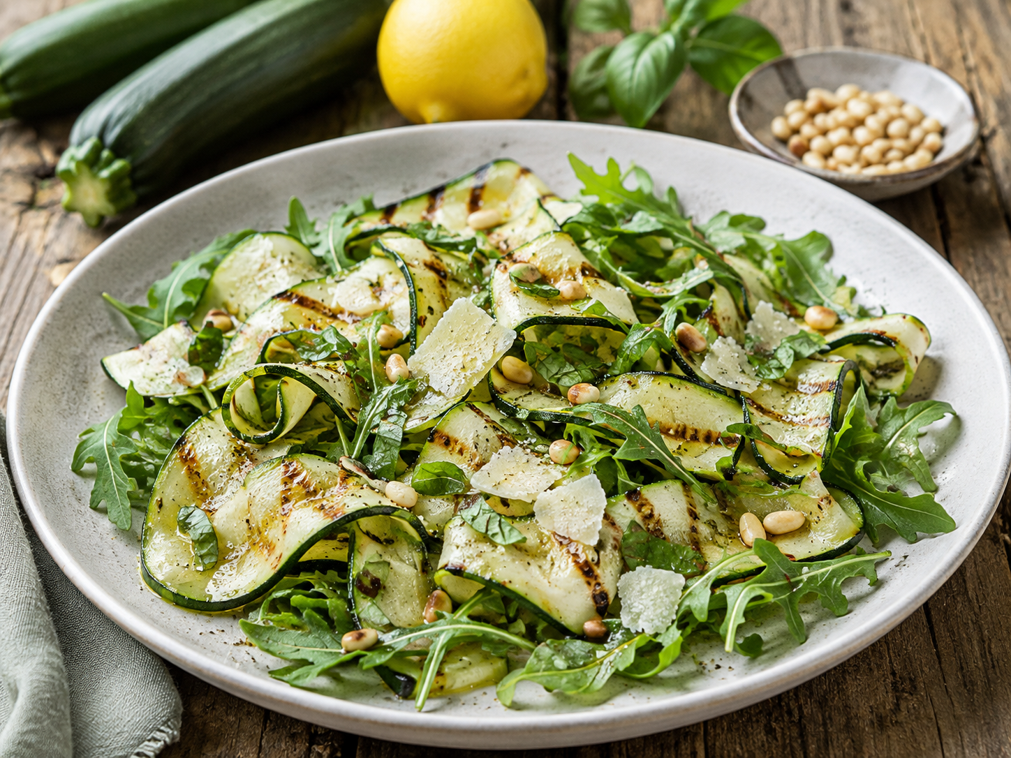 Grilled zucchini ribbon salad with arugula, Parmesan, pine nuts and basil